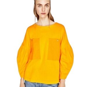 Zara Basics Collection Size Medium Yellow Orange Sweatshirt‎ Puffed Sleeves